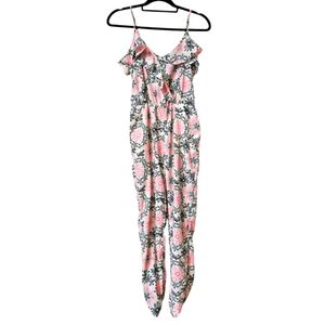 Sans Souci Floral Tropical Neon Pink Black & Nude Long Pant Jumpsuit Romper XS